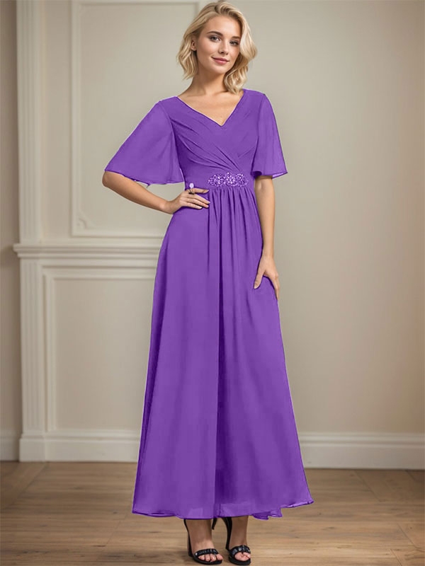 A-Linien-Kleid aus Chiffon mit V-Ausschnitt und Knöchellänge für die Brautmutter mit plissierten Perlen und Pailletten