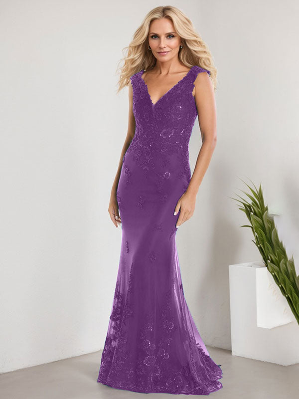 A-Linie V-Ausschnitt Bodenlang Spitze Chiffon Mutter der Braut Kleid Mit Applikation Pailletten Meerjungfrau Kleider