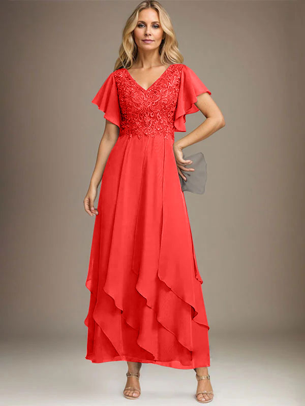 A-Linien-Kleid mit V-Ausschnitt, knöchellang, Spitzenchiffon und kaskadierenden Rüschen