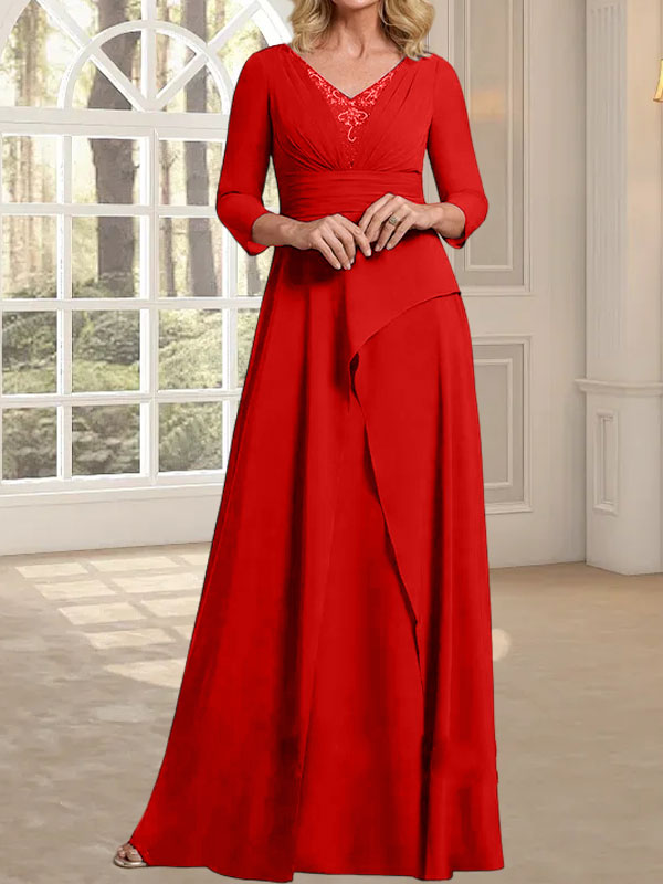 A-Linie, V-Ausschnitt, bodenlanges Chiffonkleid für die Brautmutter mit plissierter Perlenstickerei