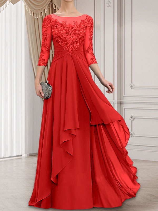 Vestido de gasa con encaje, corte A, escote ilusión, largo hasta el suelo, para madre de la novia con volantes en cascada