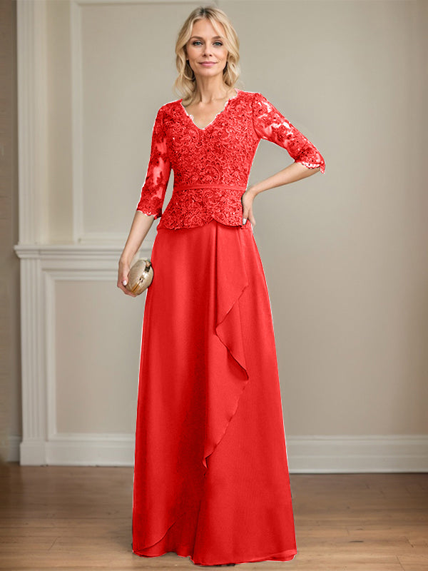 A-Linie, V-Ausschnitt, bodenlanges Chiffon-Kleid für die Brautmutter mit kaskadierenden Rüschen und Pailletten