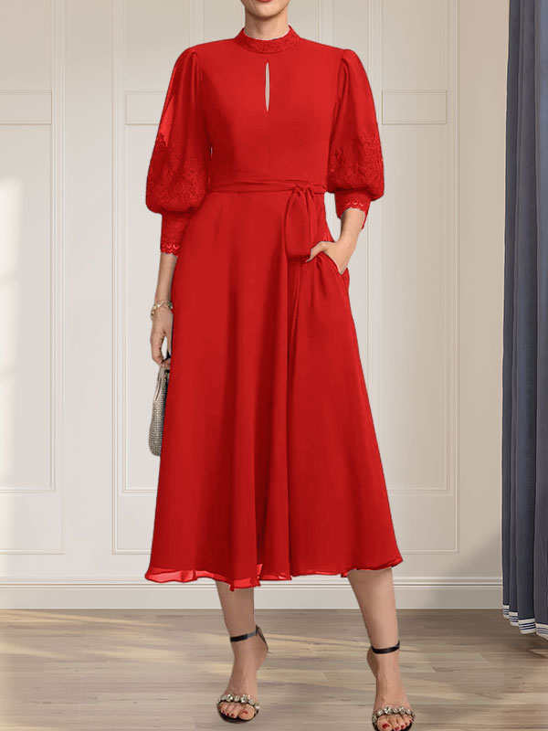 Vestido de gasa con encaje, cuello alto, largo hasta la rodilla, para madre de la novia con lazo