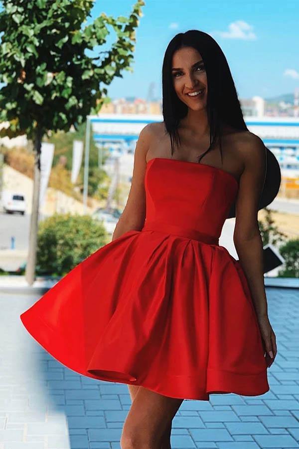 Red Satin A-line Strapless Short Homecoming Dresses, Short Party Dresses