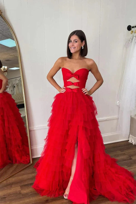 Vestido de fiesta largo rojo sin tirantes, corte A, capas, lazos y abertura