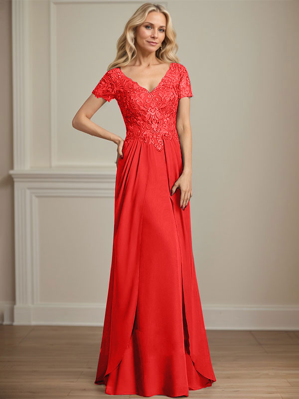A-Linie V-Ausschnitt Bodenlanges Chiffon-Spitzenkleid für die Brautmutter