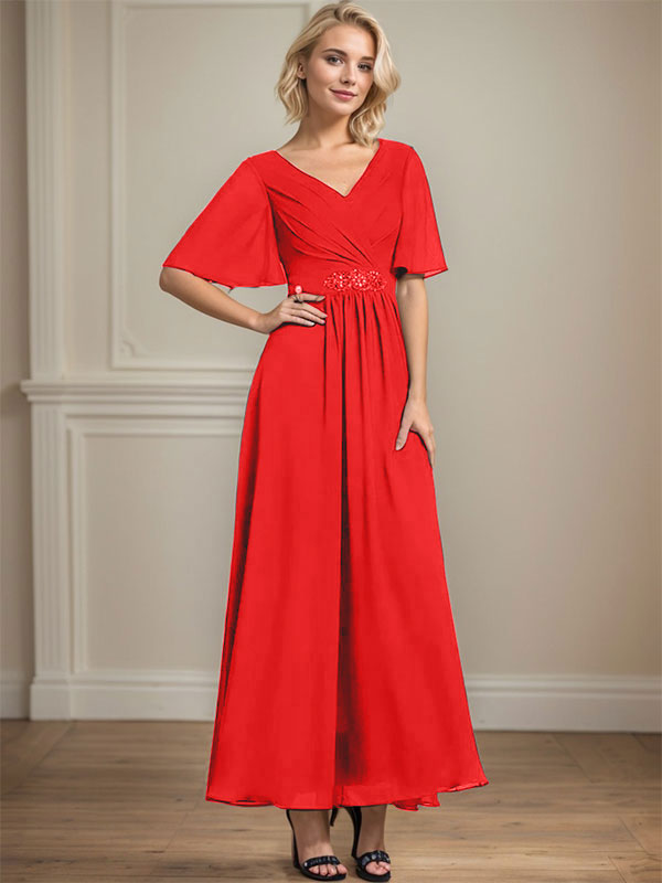 A-Linien-Kleid aus Chiffon mit V-Ausschnitt und Knöchellänge für die Brautmutter mit plissierten Perlen und Pailletten