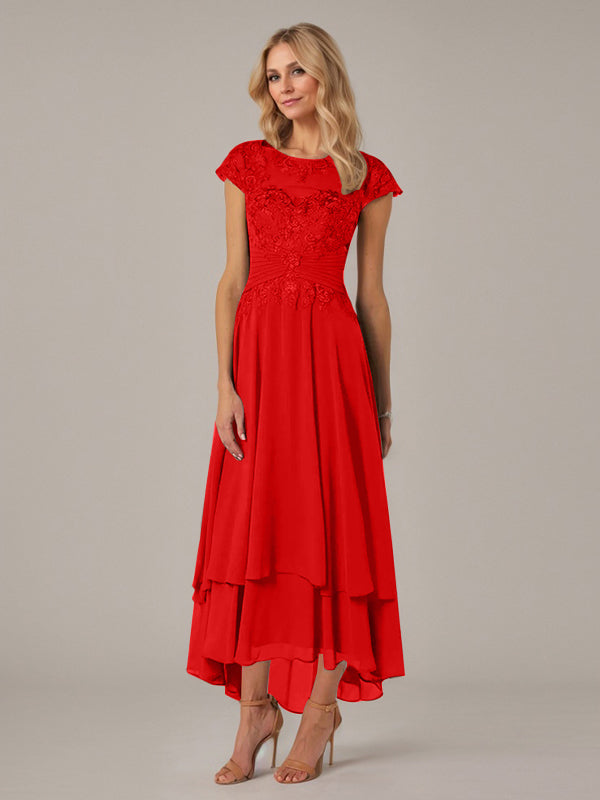 Vestido de madre de la novia de gasa asimétrica con escote barco, ilusión, corte A y encaje con pliegues y apliques
