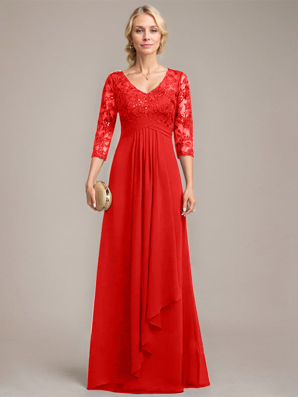 A-Linie, V-Ausschnitt, bodenlanges Chiffon-Kleid für die Brautmutter mit kaskadierenden Rüschen und Pailletten
