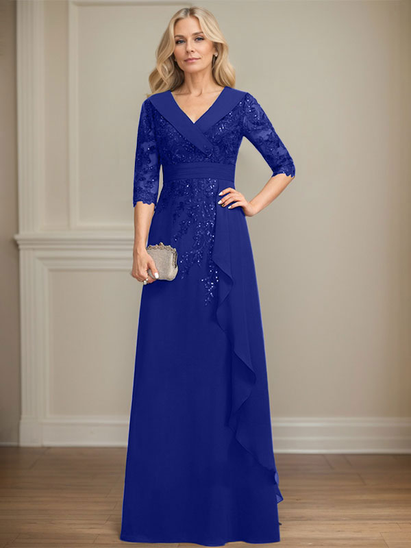 Vestido de madre de la novia de gasa con encaje, escote en V, corte A y largo hasta el suelo, con lentejuelas y volantes en cascada