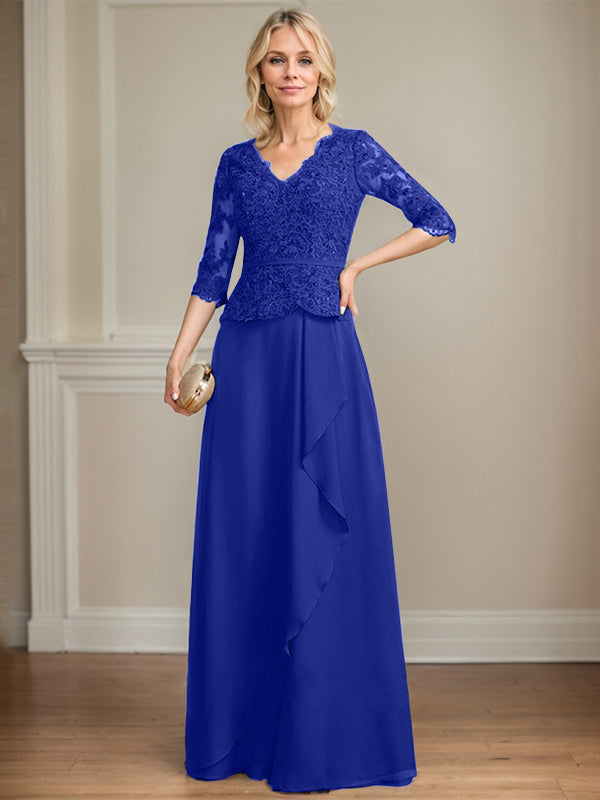 A-Linie, V-Ausschnitt, bodenlanges Chiffon-Kleid für die Brautmutter mit kaskadierenden Rüschen und Pailletten
