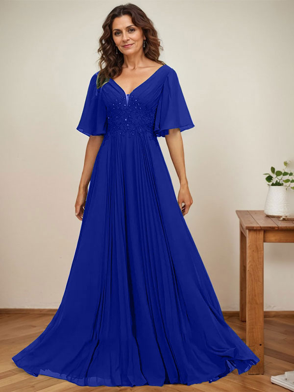 A-Linie V-Ausschnitt Bodenlang Chiffon Mutter der Braut Kleid Mit Pailletten Applikationen Spitze Plissee