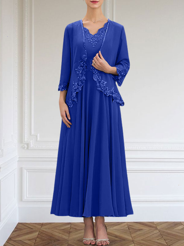 A-Linie V-Ausschnitt Knöchellang Chiffon Kleid für die Brautmutter mit Pailletten Applikationen Spitze Perlen