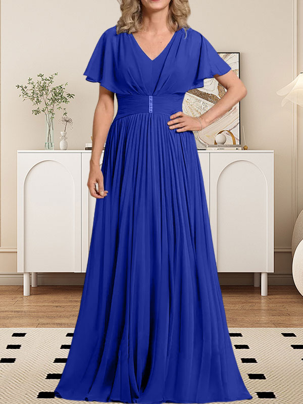 A-Linie V-Ausschnitt Bodenlang Chiffon Mutter der Braut Kleid Mit Kristall Brosche Plissee