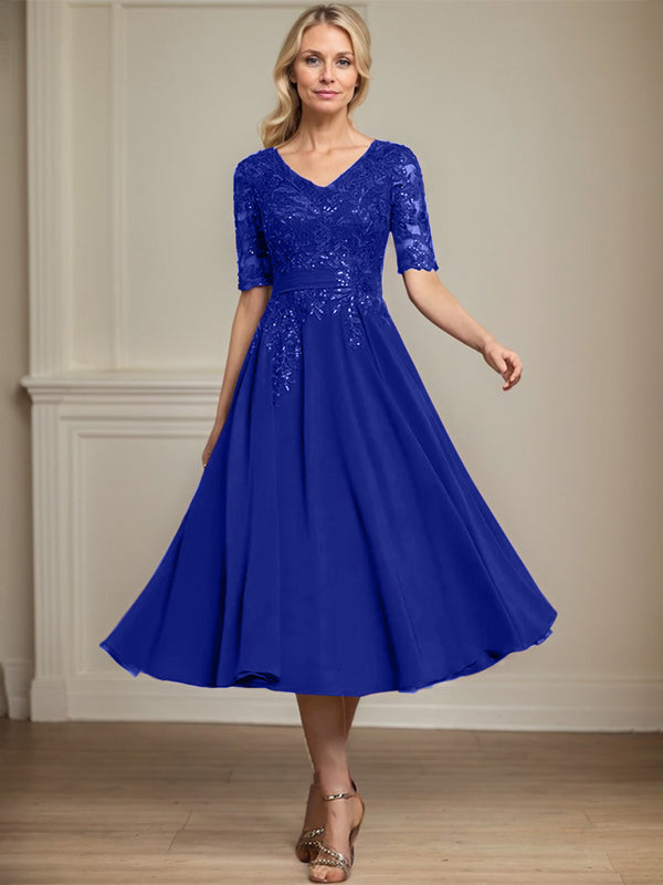 A-Linie V-Ausschnitt Wadenlanges Spitzen-Chiffon-Kleid für die Brautmutter mit Pailletten