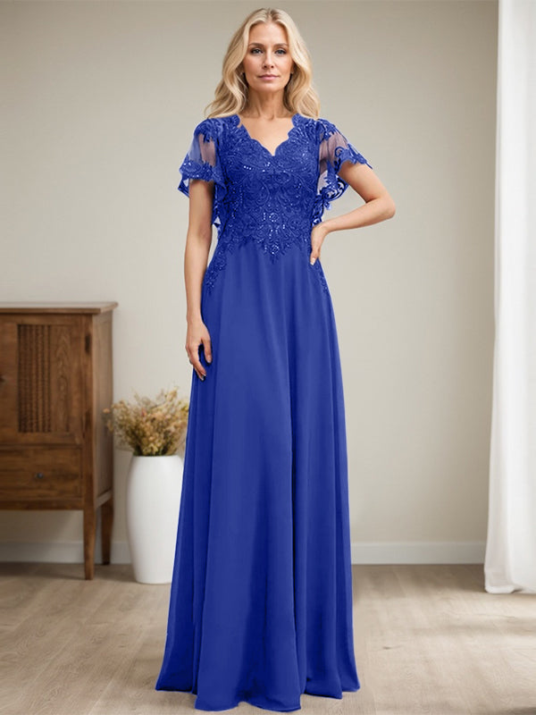 A-Linie V-Ausschnitt Bodenlanges Spitzen-Chiffon-Kleid für die Brautmutter mit Pailletten