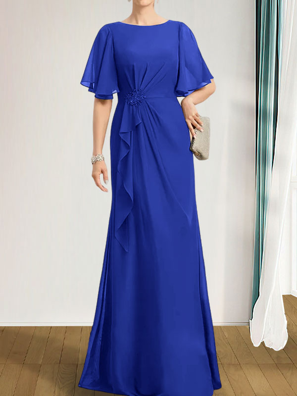 Vestido de gasa para madre de la novia, corte A, escote redondo, largo hasta el suelo, con volantes en cascada, cuentas y lentejuelas