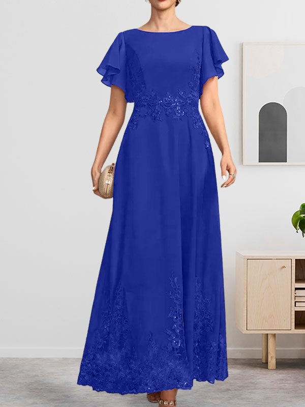 Vestido de gasa con encaje y lentejuelas para madre de la novia, corte A, escote redondo hasta los tobillos