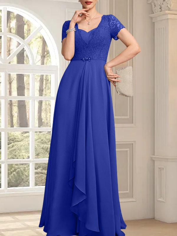 A-Linie, Herzausschnitt, bodenlang, Chiffon, Spitze, Kleid für die Brautmutter mit Perlenbesatz, kaskadierenden Rüschen
