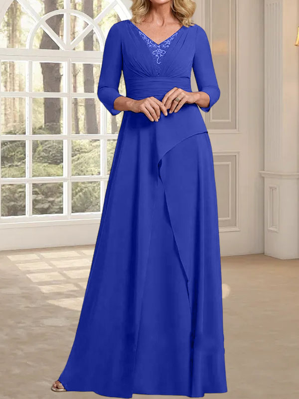 A-Linie, V-Ausschnitt, bodenlanges Chiffonkleid für die Brautmutter mit plissierter Perlenstickerei