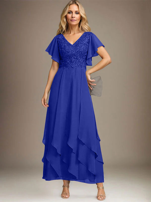A-Linien-Kleid mit V-Ausschnitt, knöchellang, Spitzenchiffon und kaskadierenden Rüschen