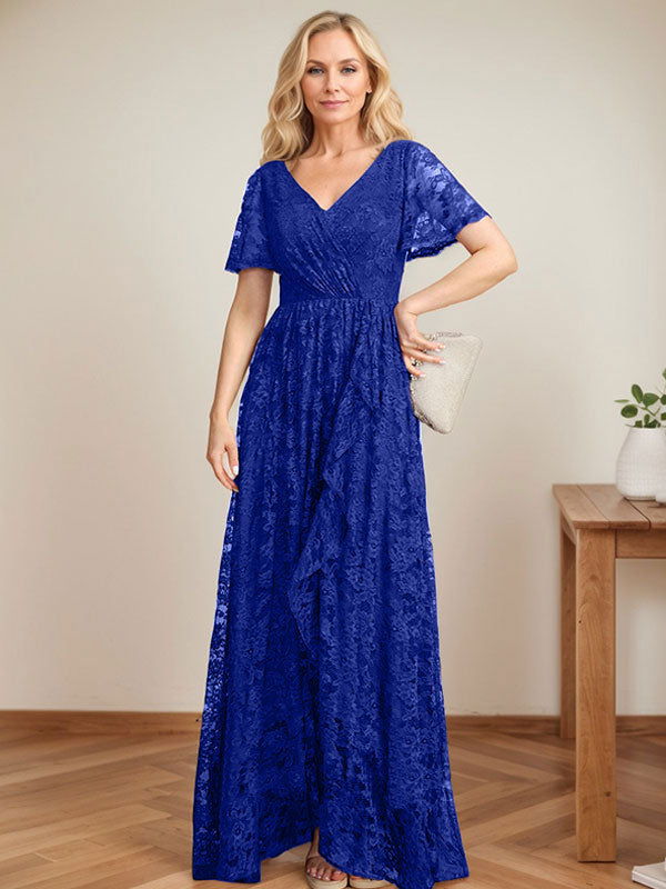 A-Linien-Kleid mit V-Ausschnitt, asymmetrischer Spitze für die Brautmutter mit kaskadierenden Rüschen