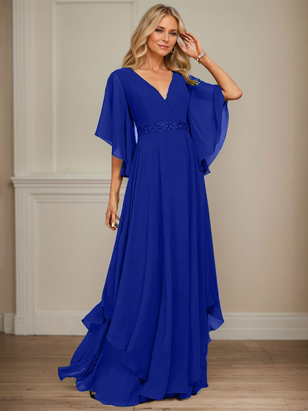 A-Linie V-Ausschnitt Bodenlang Chiffon Kleid für die Brautmutter mit Pailletten Applikationen Spitze Perlen