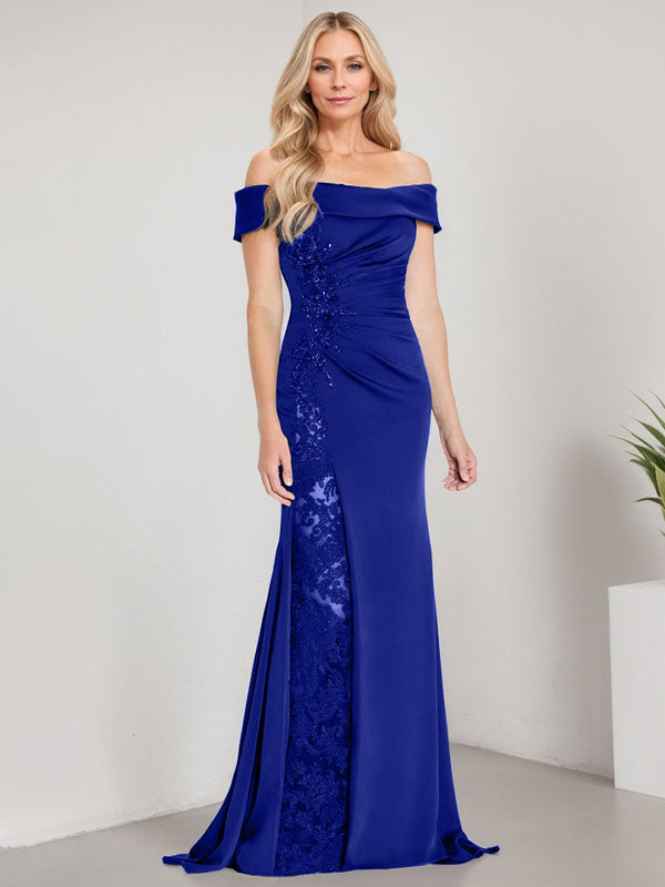 Vestido de sirena con hombros descubiertos, largo hasta el suelo, para madre de la novia, con apliques y cuentas, y abertura alta