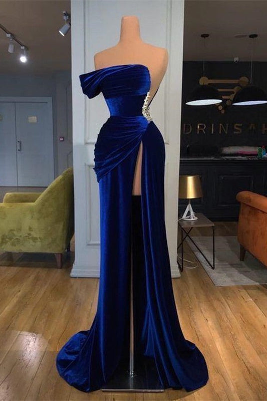 Royal Blue Off the shoulder Long Mermaid Velvet Prom Evening Dress with Split