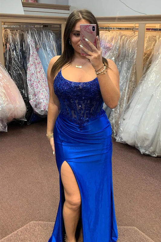 Vestido de fiesta largo de satén estilo sirena con cordones en azul real y abertura