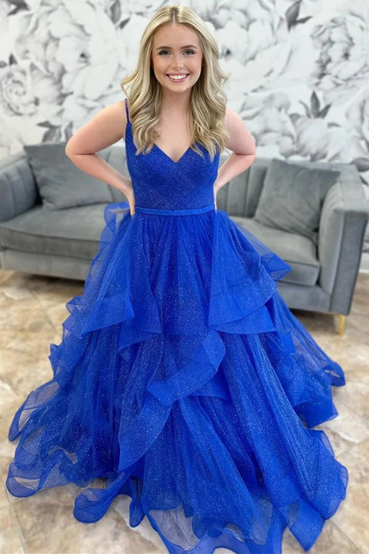 Vestido de fiesta largo multicapa de tul azul real brillante con escote en V