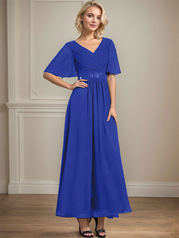 A-Linien-Kleid aus Chiffon mit V-Ausschnitt und Knöchellänge für die Brautmutter mit plissierten Perlen und Pailletten