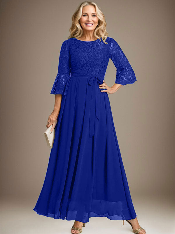 Vestido de gasa con encaje y lazo para madre de la novia, corte A, escote redondo hasta los tobillos