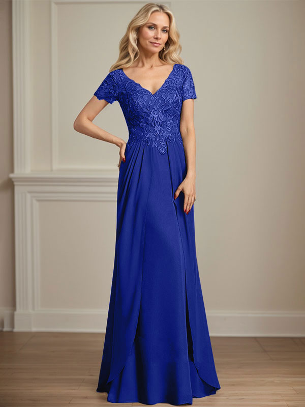 A-Linie V-Ausschnitt Bodenlanges Chiffon-Spitzenkleid für die Brautmutter
