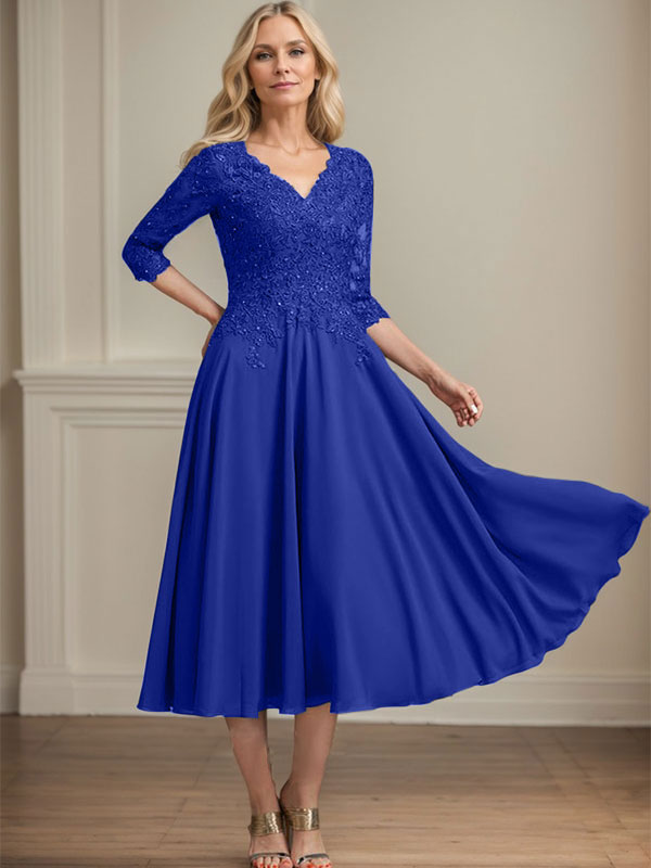 A-Linie, V-Ausschnitt, knielang, Chiffon, Spitze, Kleid für die Brautmutter mit Perlen und Pailletten