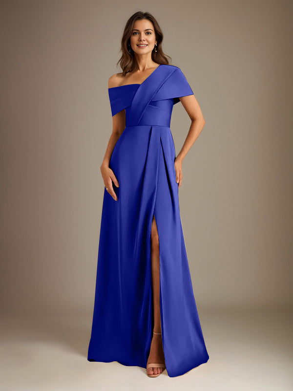 Vestido de madre de la novia de satén con escote asimétrico en forma de A y largo hasta el suelo con pliegues