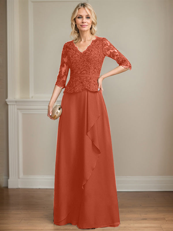 A-Linie, V-Ausschnitt, bodenlanges Chiffon-Kleid für die Brautmutter mit kaskadierenden Rüschen und Pailletten
