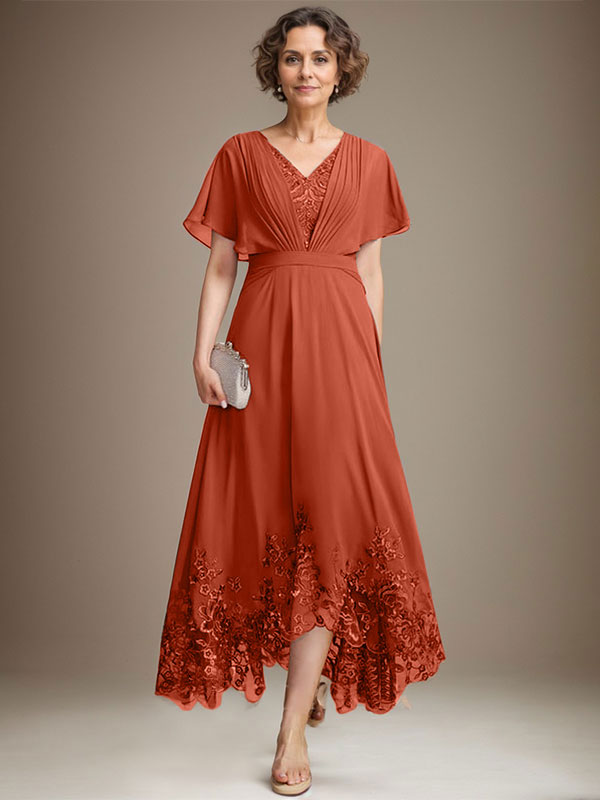 A-Linie V-Ausschnitt Asymmetrisches Spitzen-Chiffon-Kleid für die Brautmutter mit Plissee