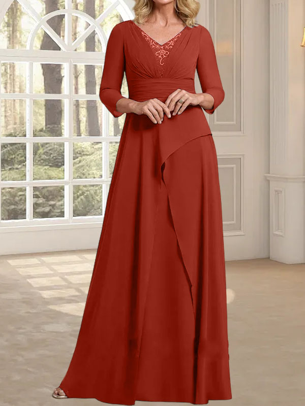 A-Linie, V-Ausschnitt, bodenlanges Chiffonkleid für die Brautmutter mit plissierter Perlenstickerei
