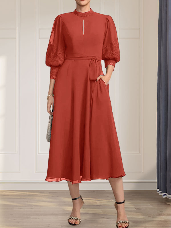 Vestido de gasa con encaje, cuello alto, largo hasta la rodilla, para madre de la novia con lazo