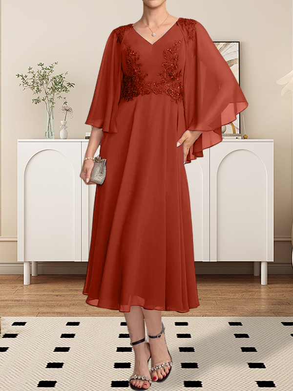 A-Linie, V-Ausschnitt, knielang, Chiffon, Spitze, Kleid für die Brautmutter mit Perlen und Pailletten