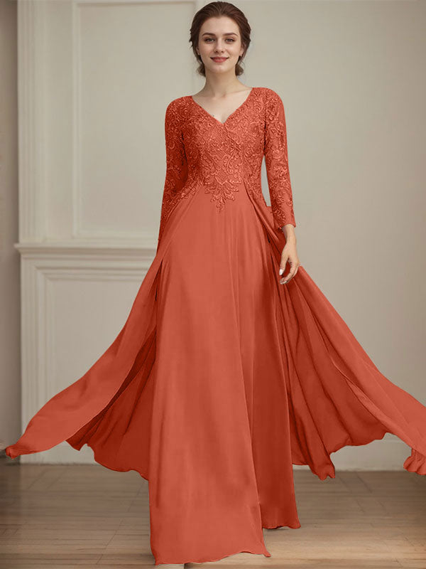 A-Linie V-Ausschnitt Bodenlanges Spitzen-Chiffon-Kleid für die Brautmutter mit Pailletten