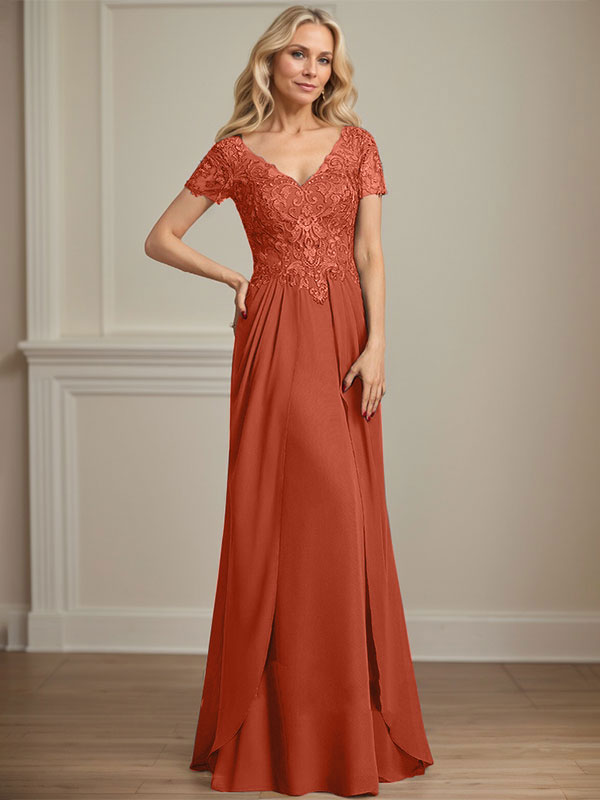 A-Linie V-Ausschnitt Bodenlanges Chiffon-Spitzenkleid für die Brautmutter