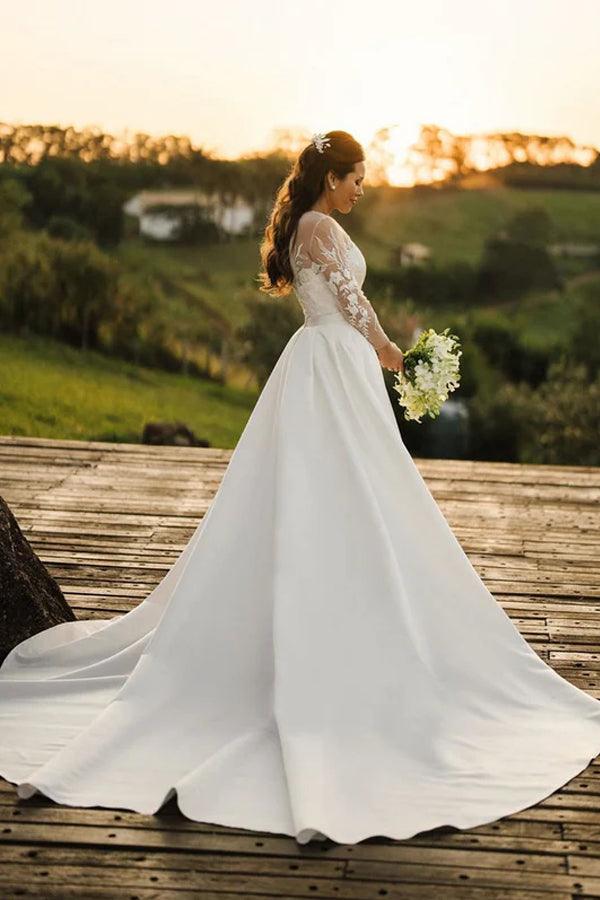 Rustikales Brautkleid aus Spitze mit langen Ärmeln und abnehmbarem Satin