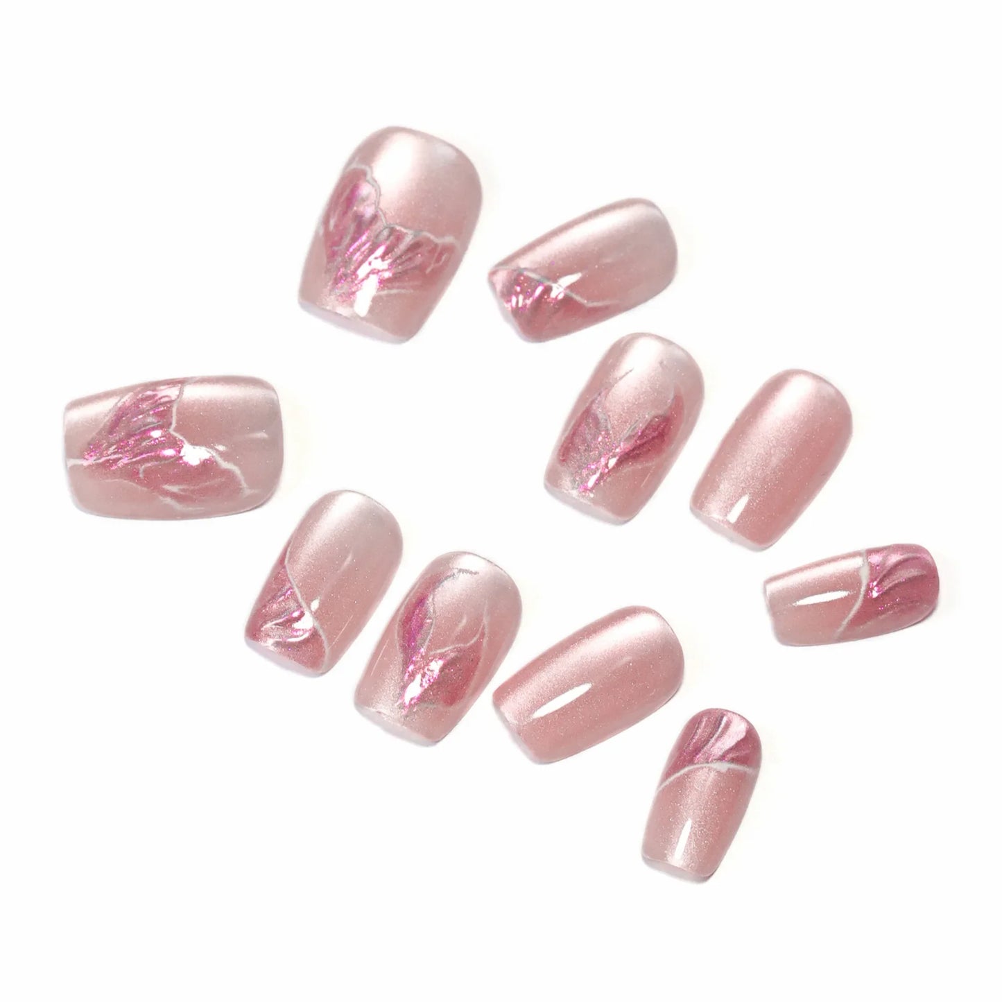 10 uñas postizas de ojo de gato en color rosa nude, hechas a mano, con diseño de cola de sirena rosa, ideales para usar en estilo europeo.