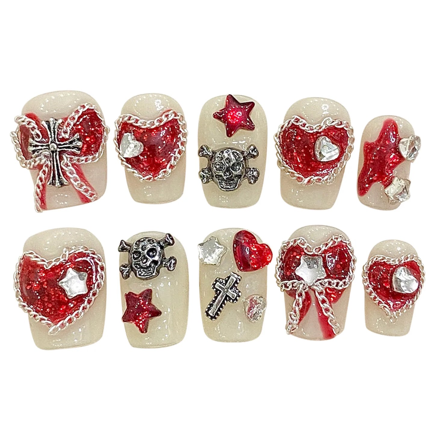10 parches coreanos para uñas postizas, hechos a mano, con forma de corazón rojo, lazos de metal, calaveras, uñas postizas para usar.