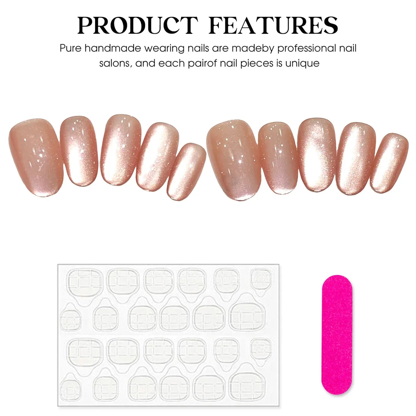 10 uñas postizas hechas a mano, color nude brillante, estilo ojo de gato, cobertura total, parches de bailarina para usar.