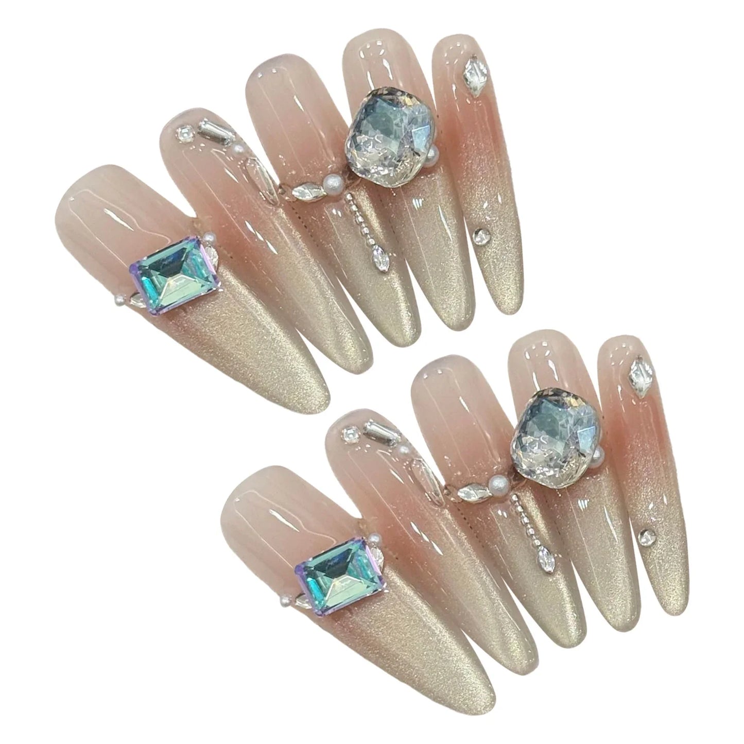 10 uñas postizas largas de ballet con purpurina, color champán, dorado, rubor francés, estilo ojo de gato, hechas a mano, con destellos de diamante.