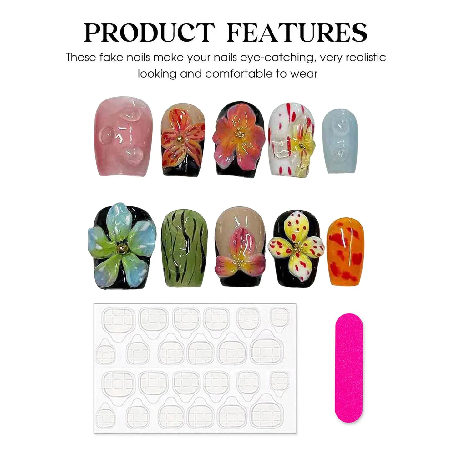 10 uñas postizas hechas a mano con diseños florales 3D de colores, brillantes, cortas, cuadradas, para verano.