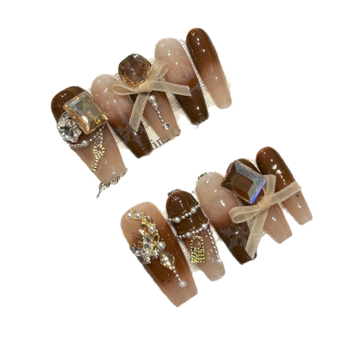10 uñas postizas degradadas marrones otoñales con brillantes diamantes de imitación, lazos, cadena, hechas a mano, de longitud media, para manicura de ballet.